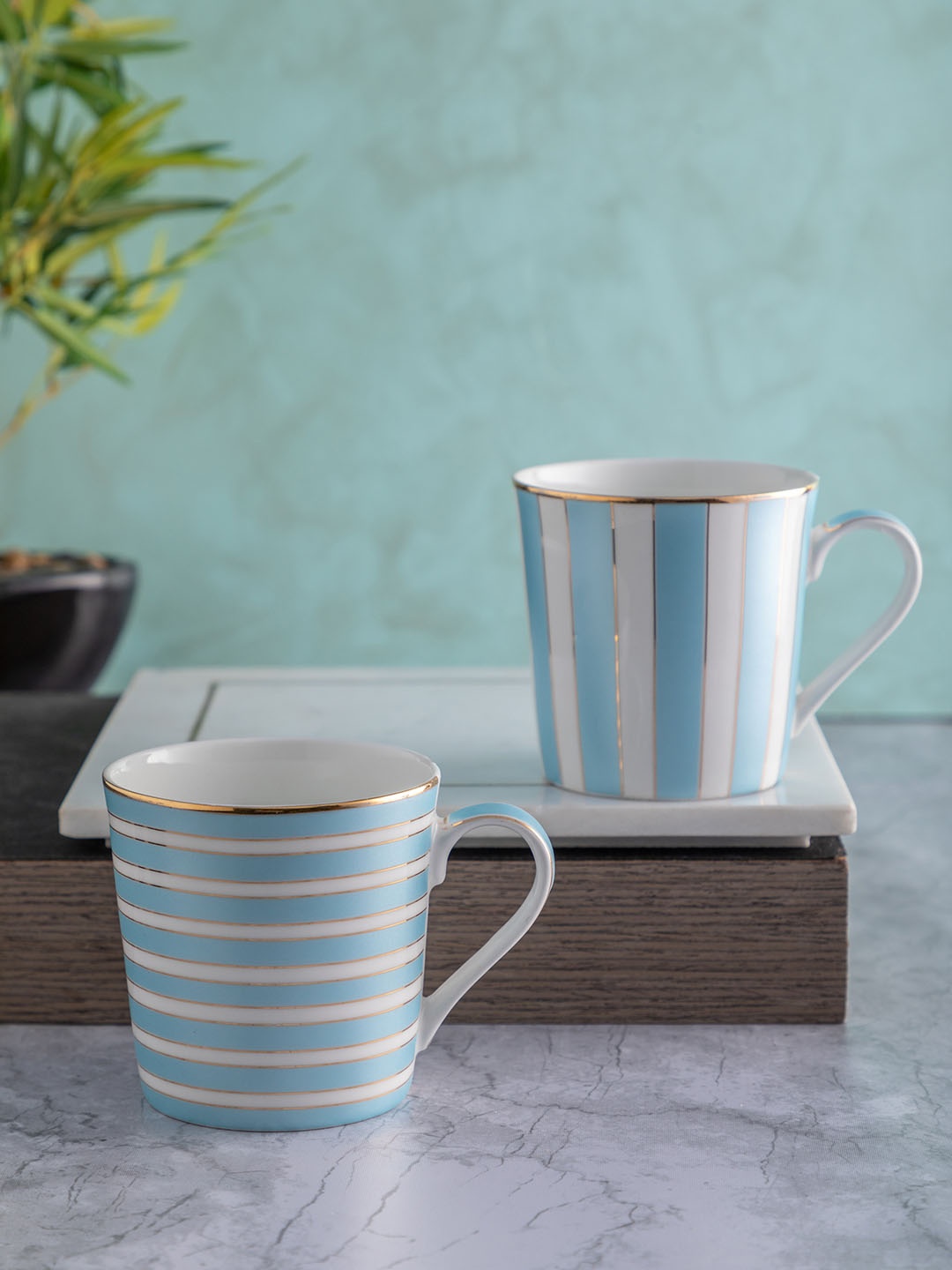 

SONAKI Set Of 4 Blue & White Striped Bone China Mugs