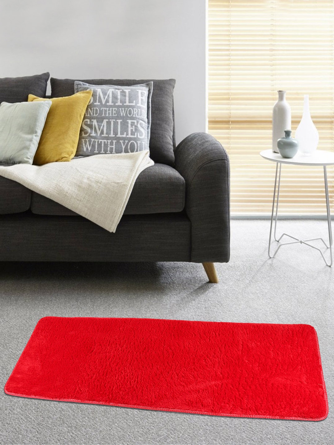 

TIED RIBBONS Red Solid Rectangular Soft Fur Anti-Skid Floor Runner