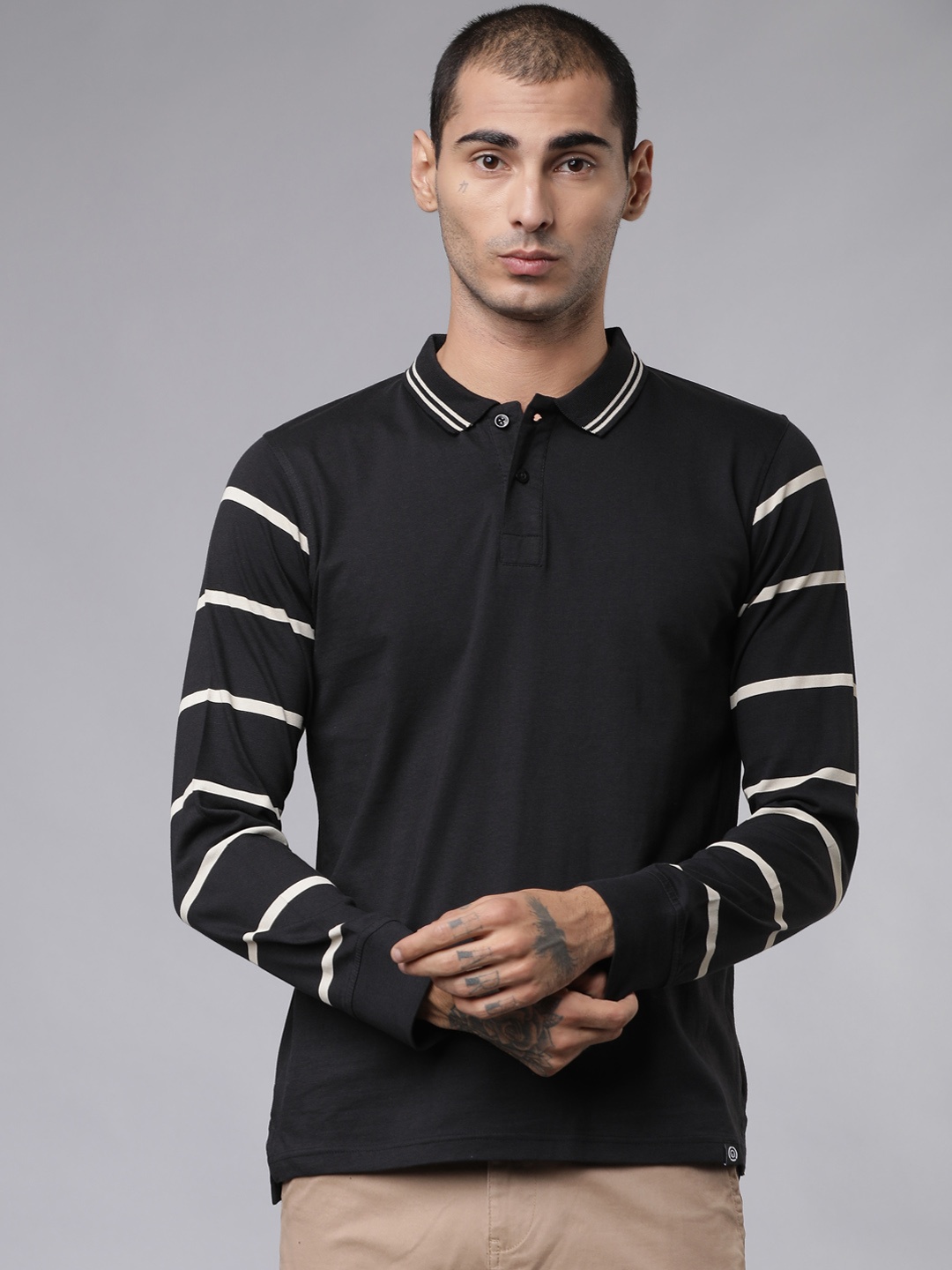 

LOCOMOTIVE Men Black Striped Slim Fit Polo Collar T-shirt