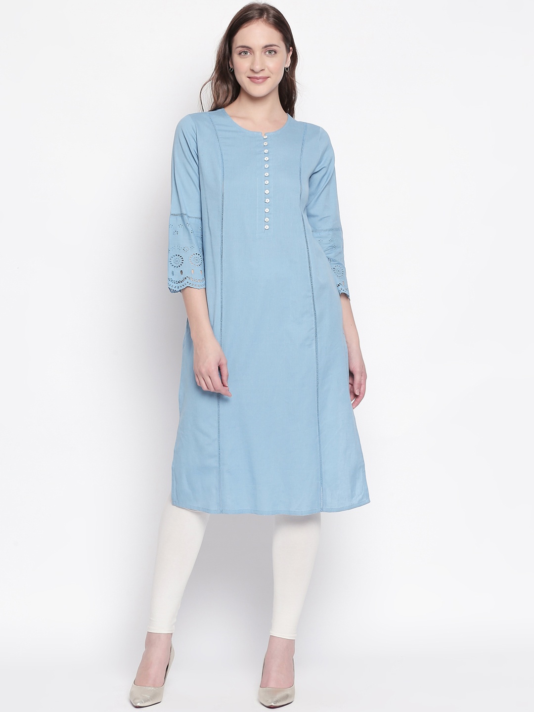 RANGMANCH BY PANTALOONS Women Blue Solid Cotton Linen A-Line Kurta