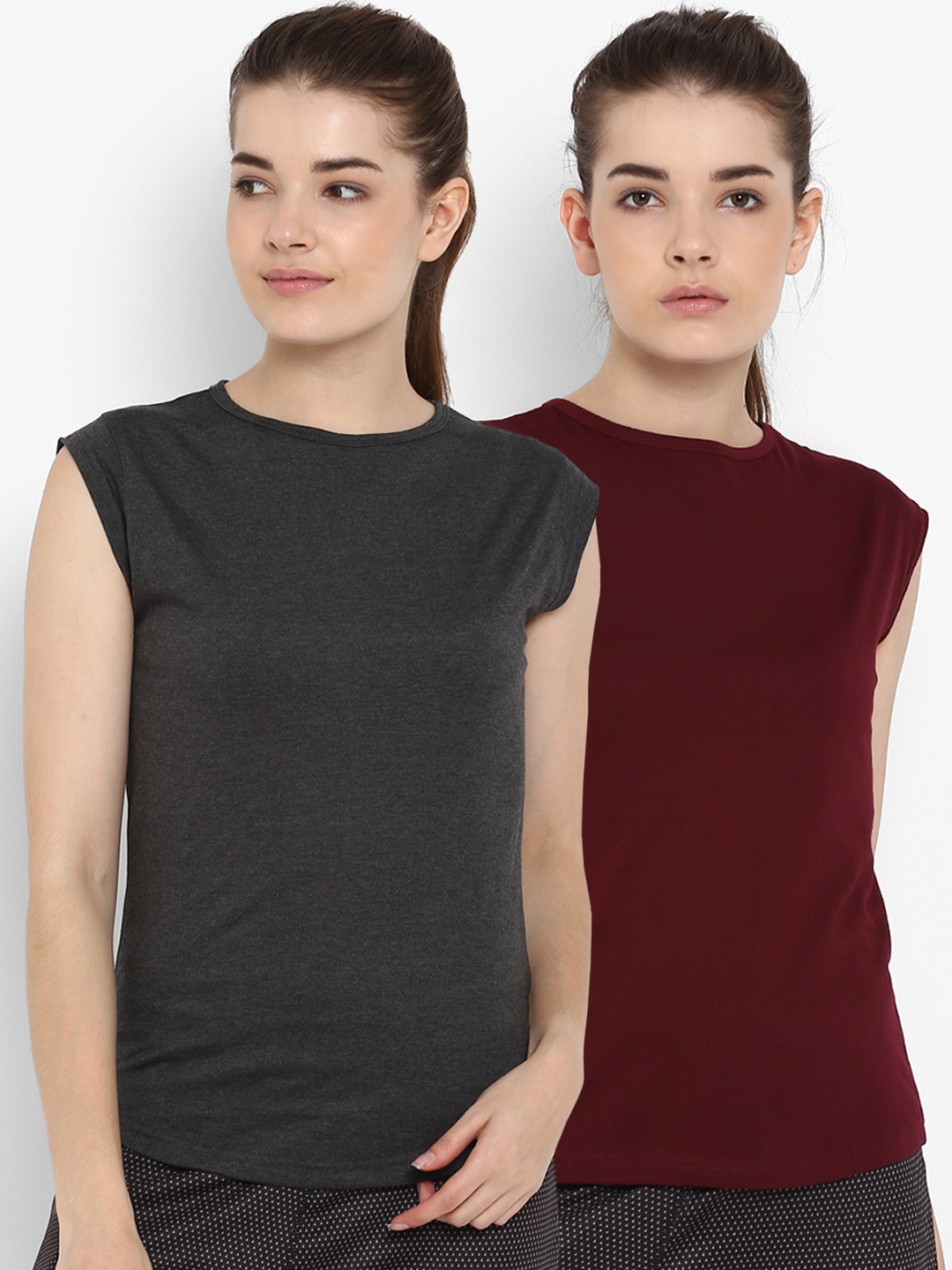 

appulse Women Pack of 2 Charcoal Grey & Maroon Solid Round Neck T-shirt