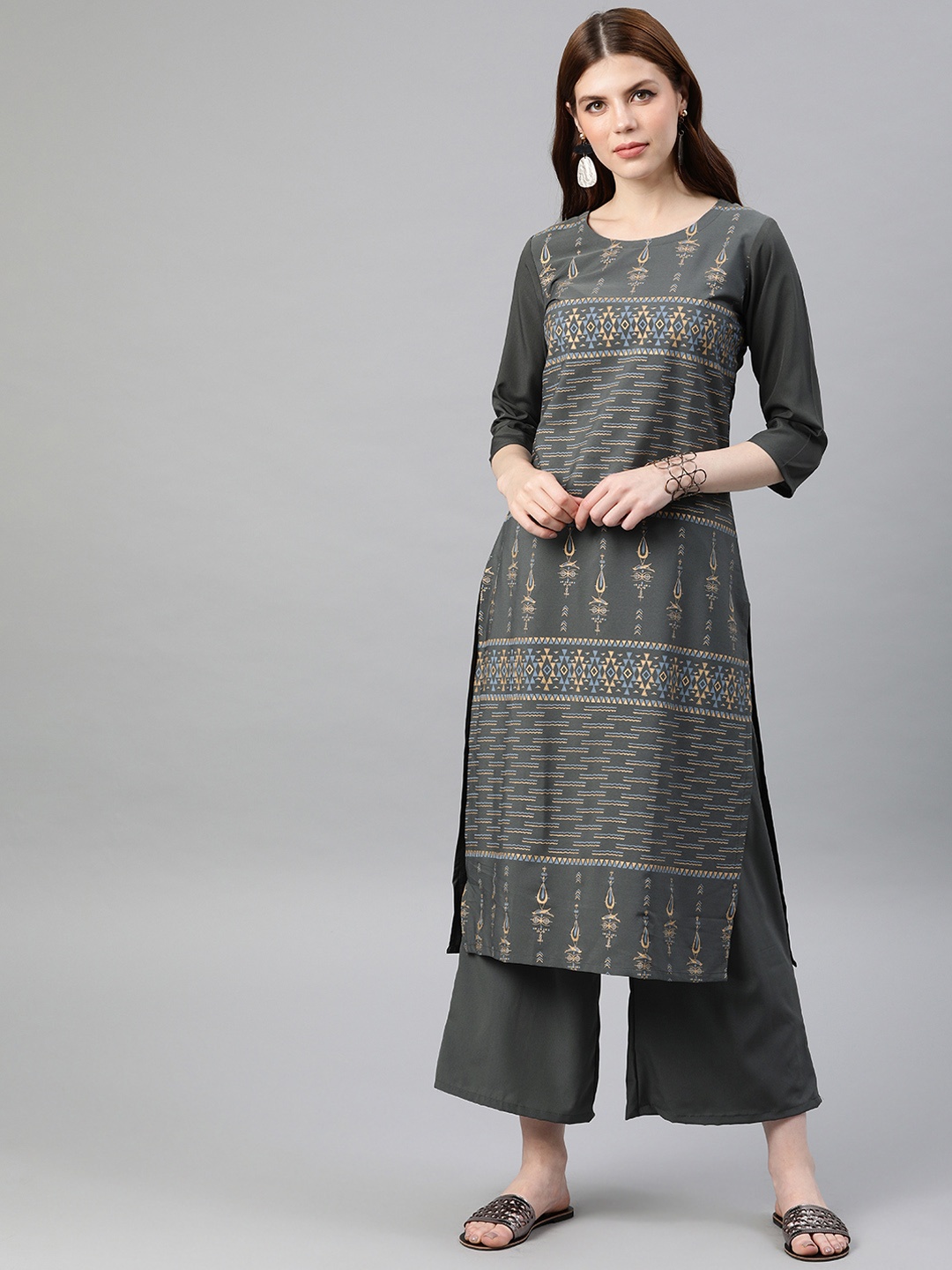 

ZIYAA Women Grey Printed Straight Kurta