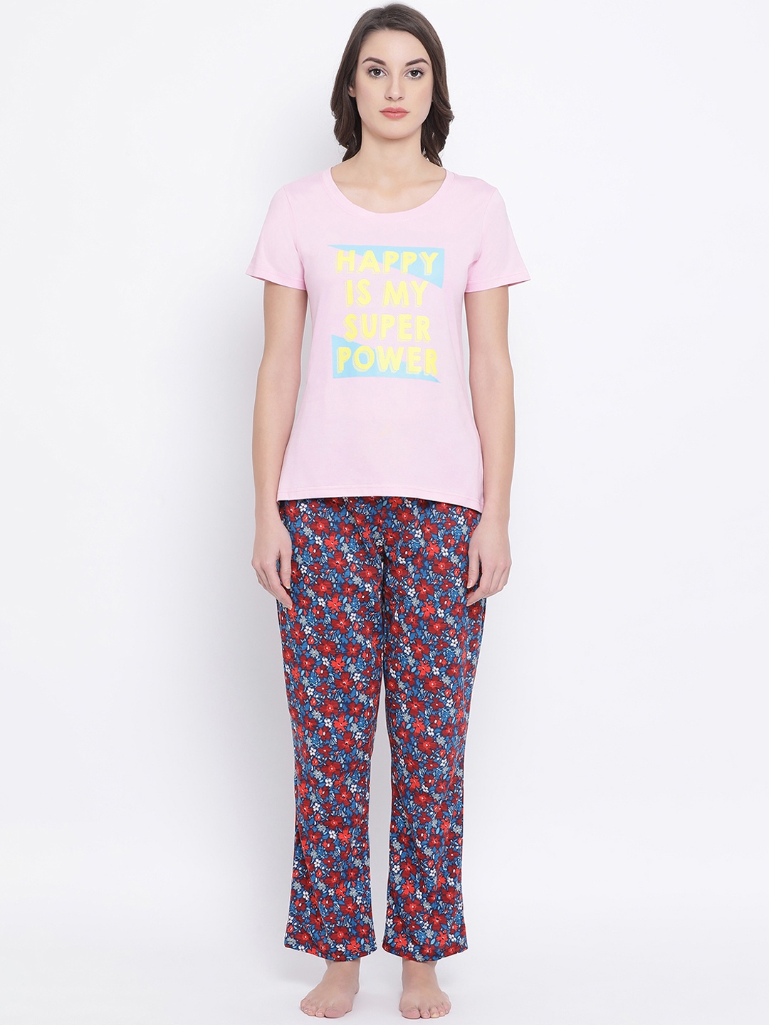 

Clovia Women Pink & Blue Printed Night suit COMLS0072S
