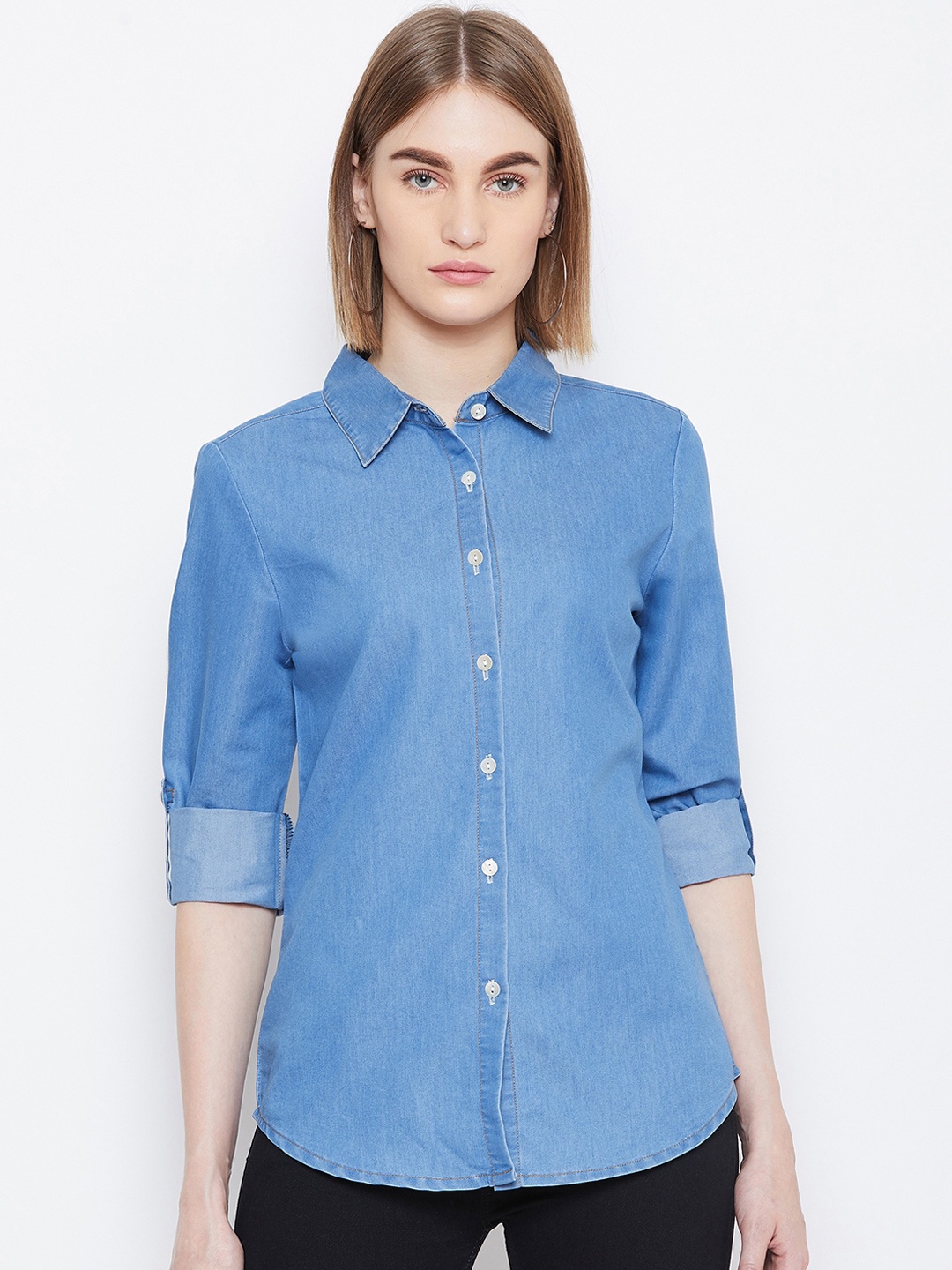

Ruhaans Women Blue Classic Regular Fit Faded Casual Shirt