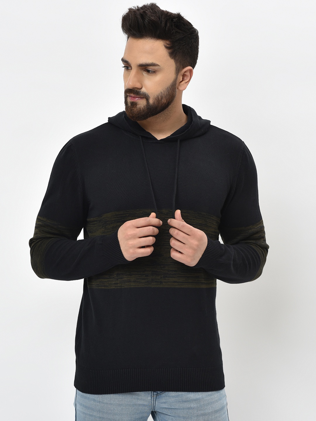 

ARMISTO Men Black & Olive Green Colourblocked Knitted Hoodie Sweater