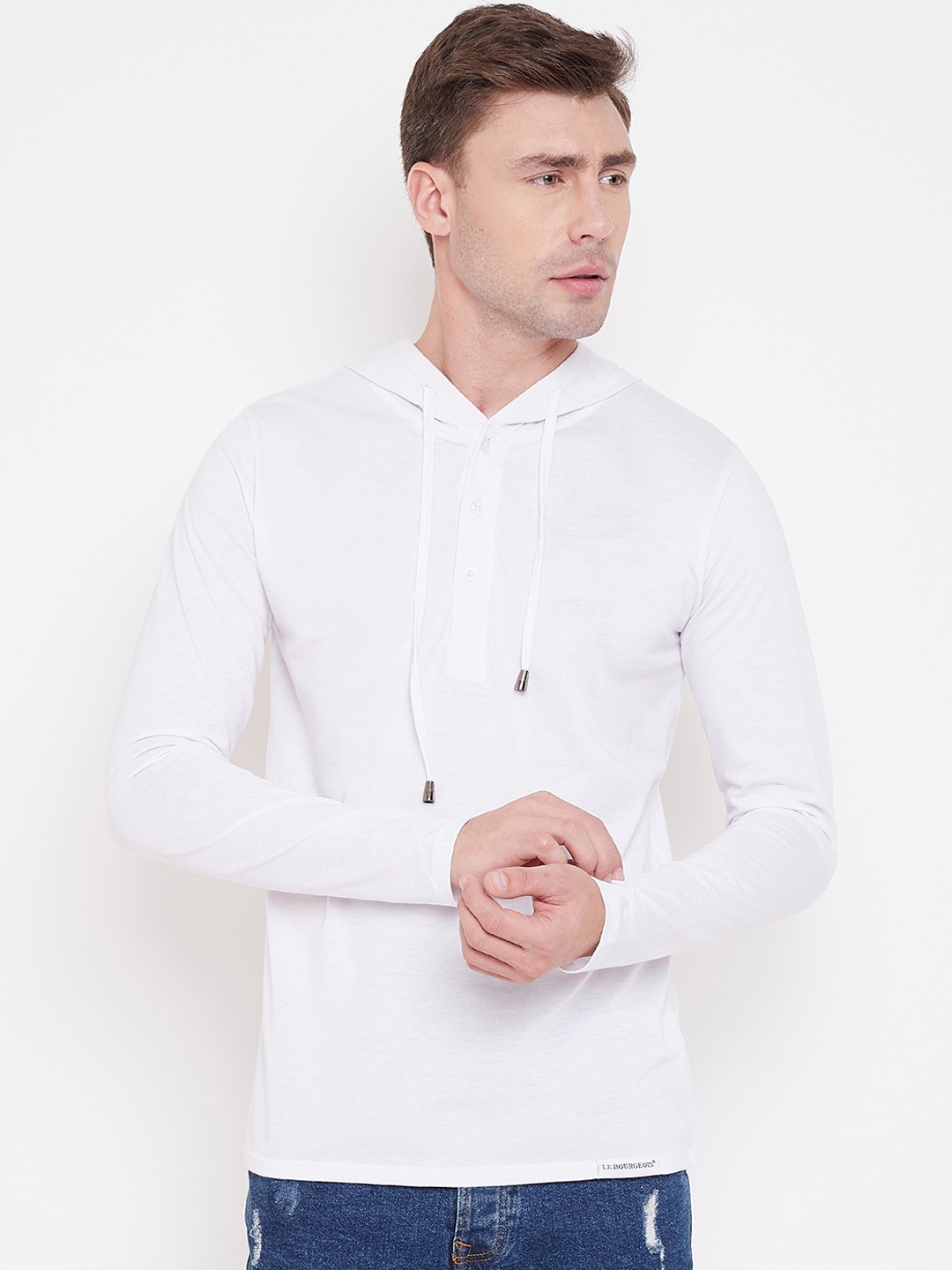 

LE BOURGEOIS Men White Solid Hood T-shirt