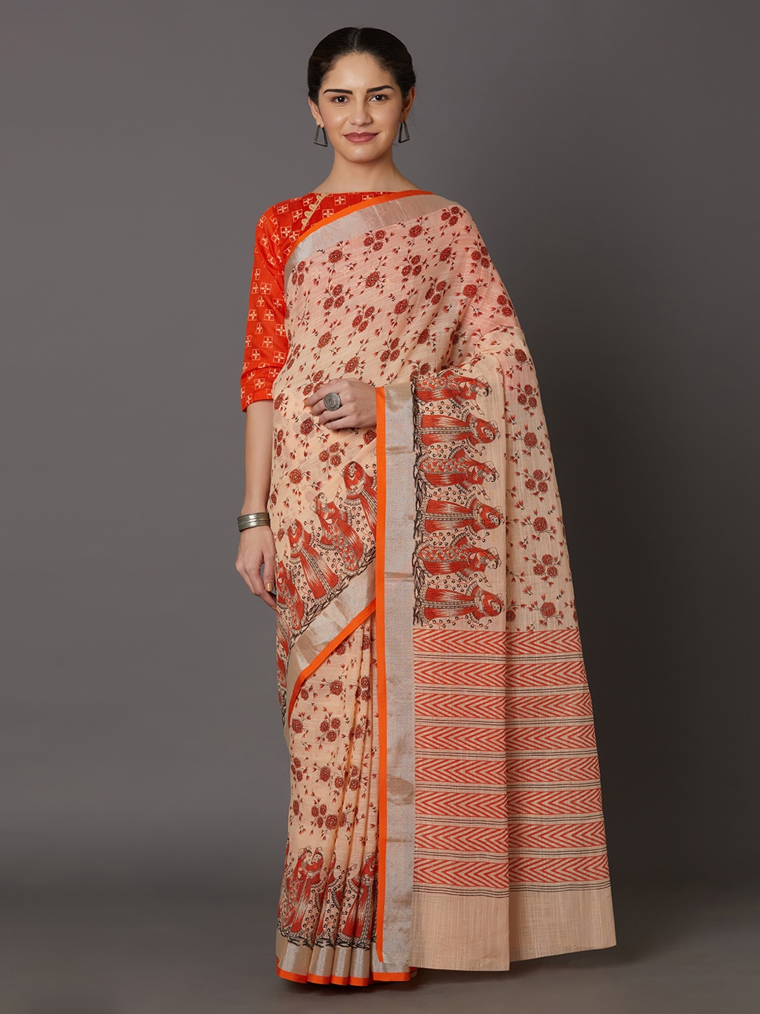 Mitera Orange Silk Blend Woven Design Kanjeevaram Saree