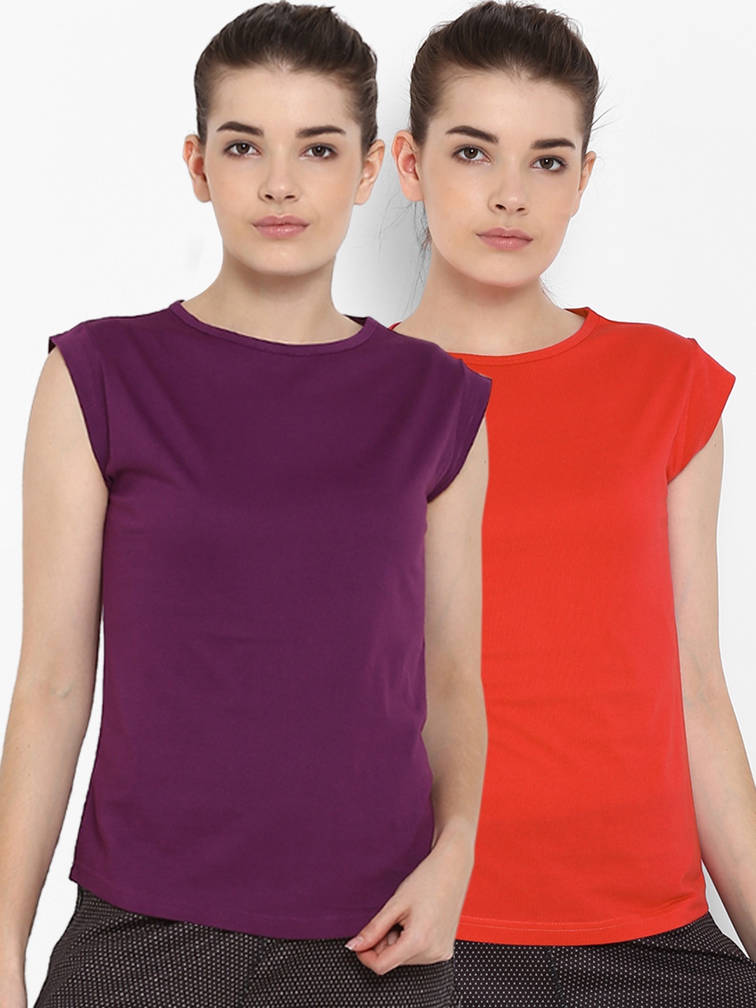 appulse Women Pack of 2 Red & Purple Solid Round Neck T-shirt