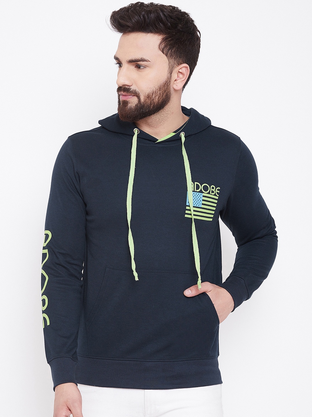 

Adobe Men Navy Blue Printed Hooded Sweatshirt