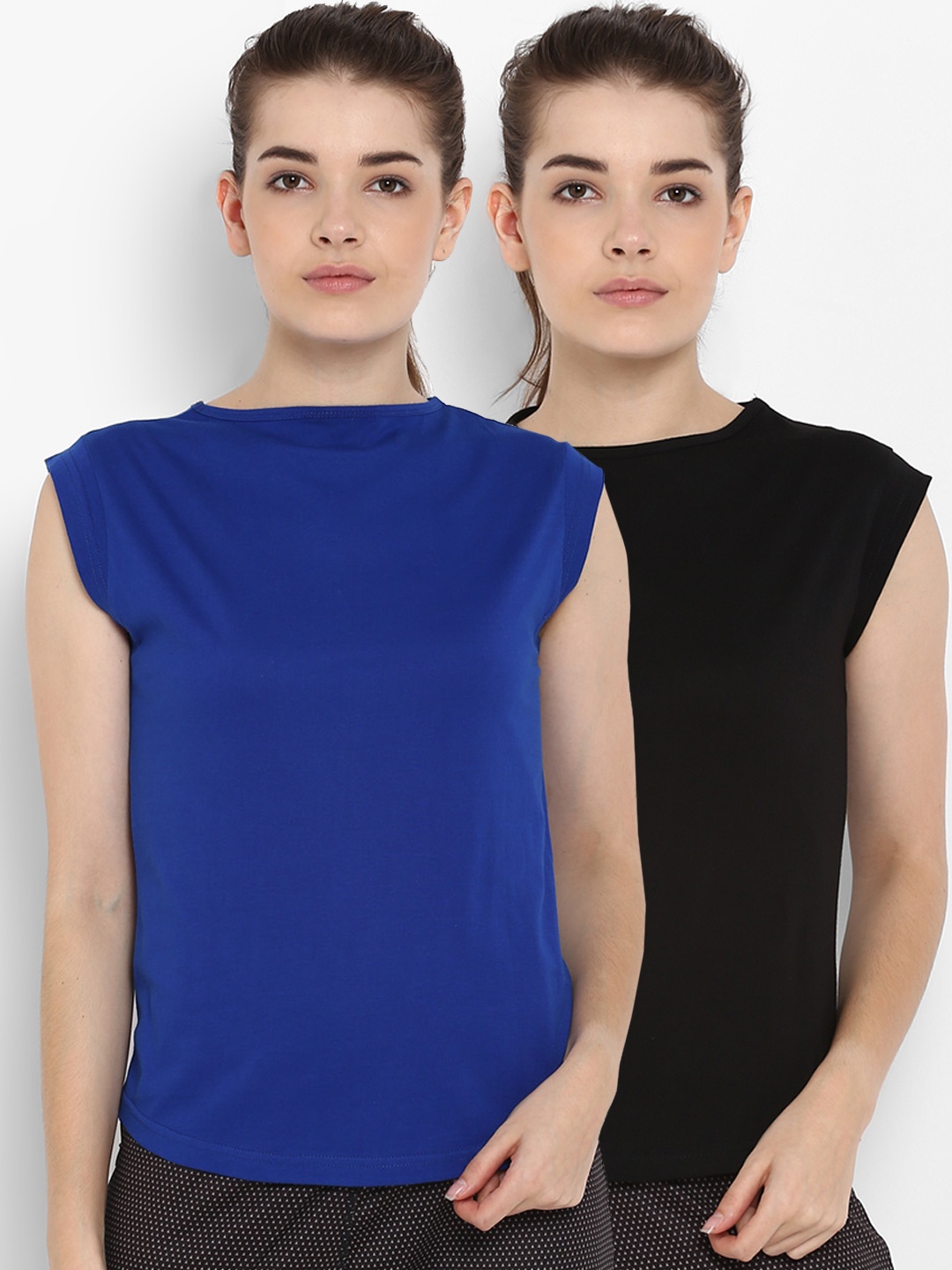 

appulse Women Pack Of 2 Solid Round Neck T-shirts, Black