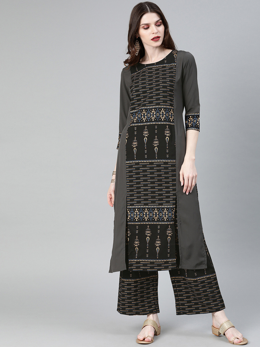 

ZIYAA Women Grey & Black Printed Straight Kurta