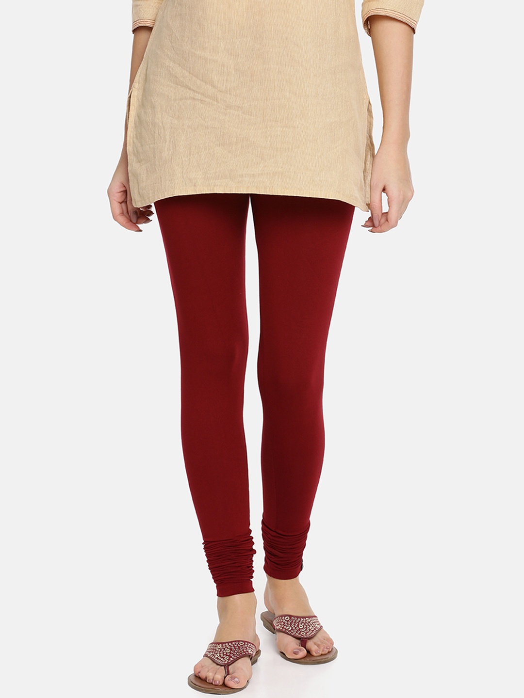 

TWIN BIRDS Women Maroon Solid Churidar-Length Leggings