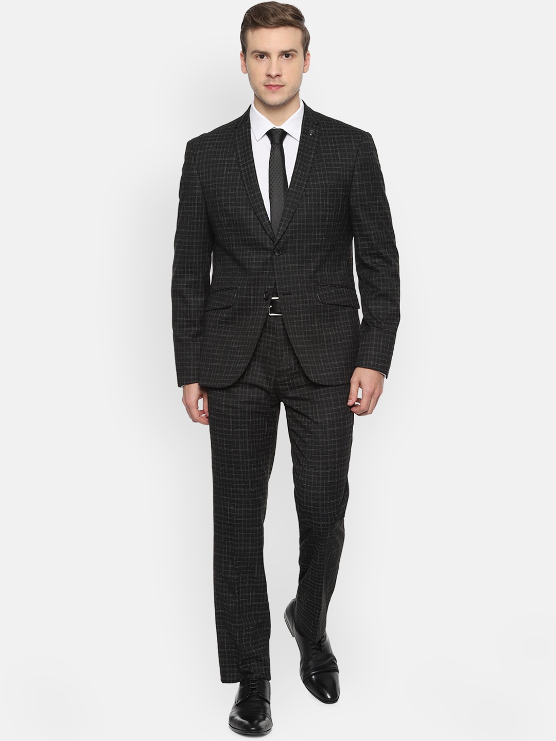 V Dot Men Black Checked Skinny-Fit Single-Breasted Formal Suit