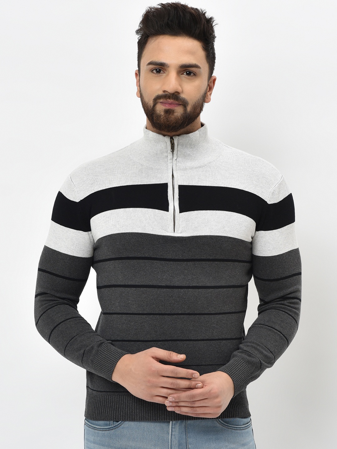 

ARMISTO Men Grey & Black Striped Half Zipper Sweater