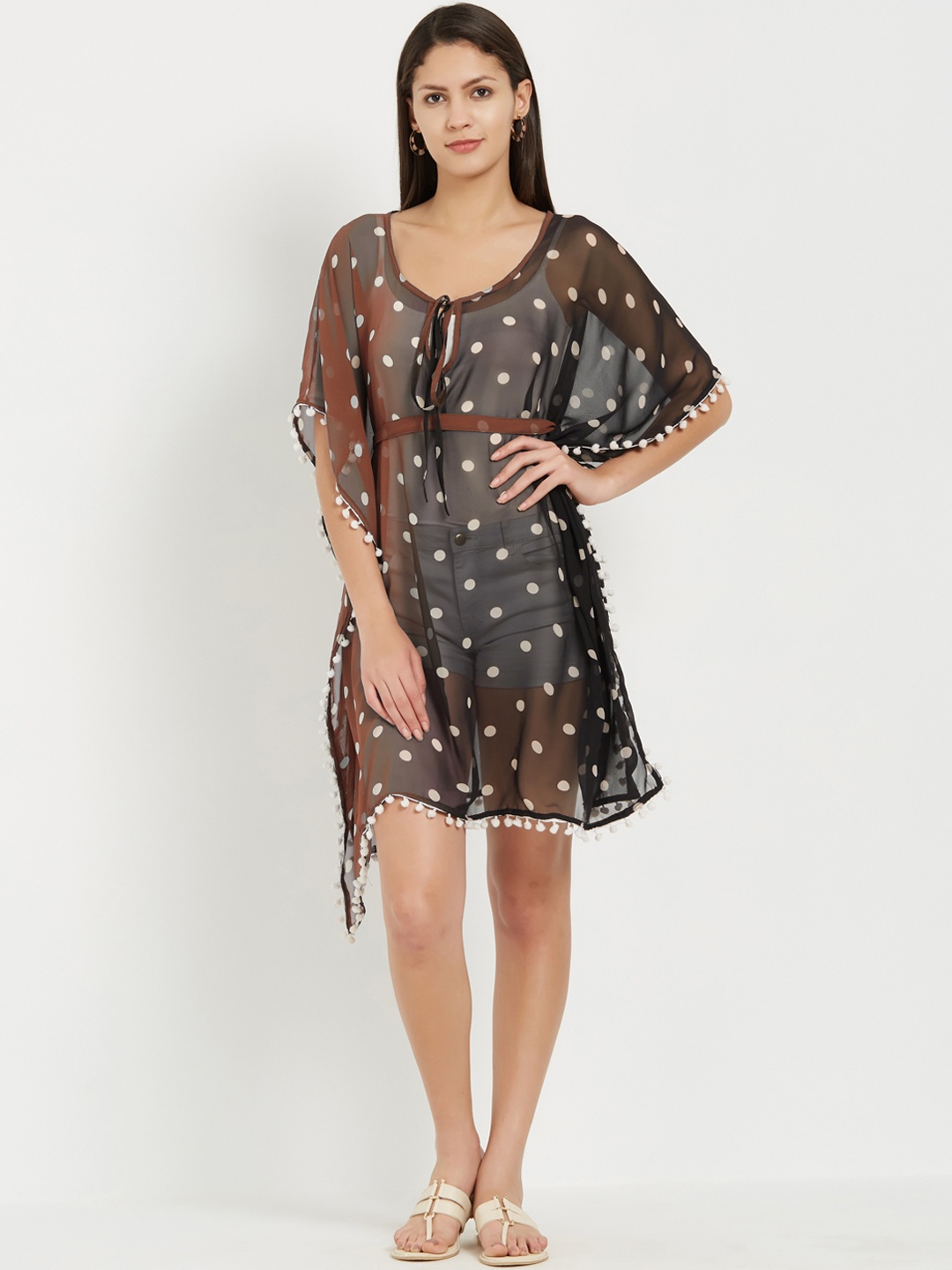 

MIRCHI FASHION Women Brown & White Printed Swimwear Kaftan Cover-Up Dress, Black
