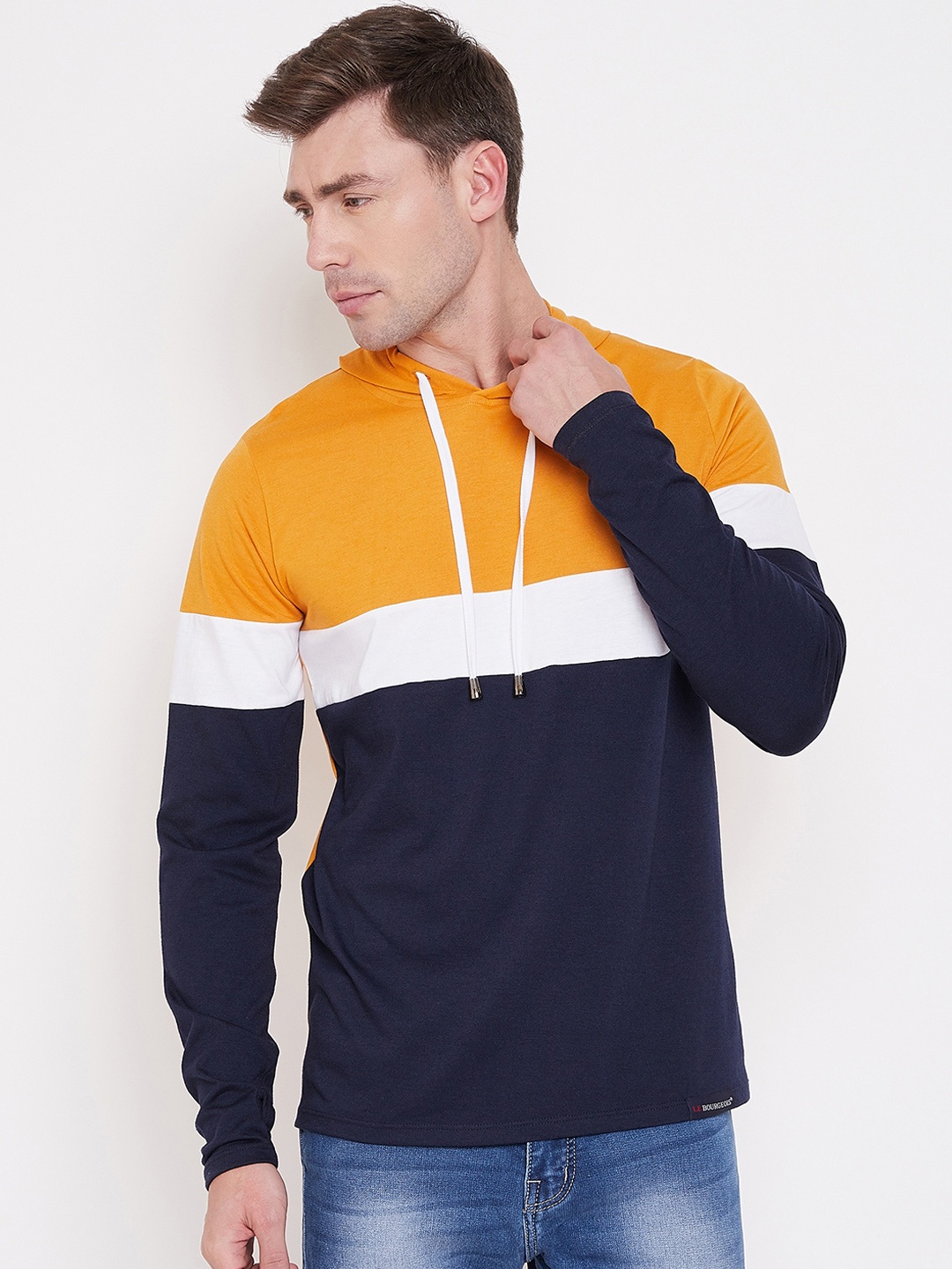 

LE BOURGEOIS Men Yellow & Navy Blue Colourblocked Hood T-shirt