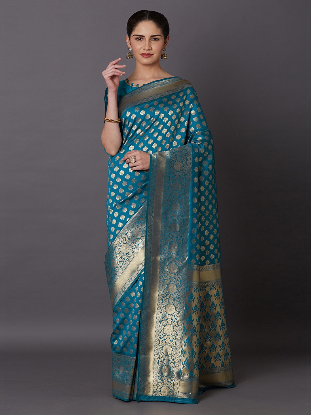 

Mitera Turquoise Blue Woven Design Kanjeevaram Saree