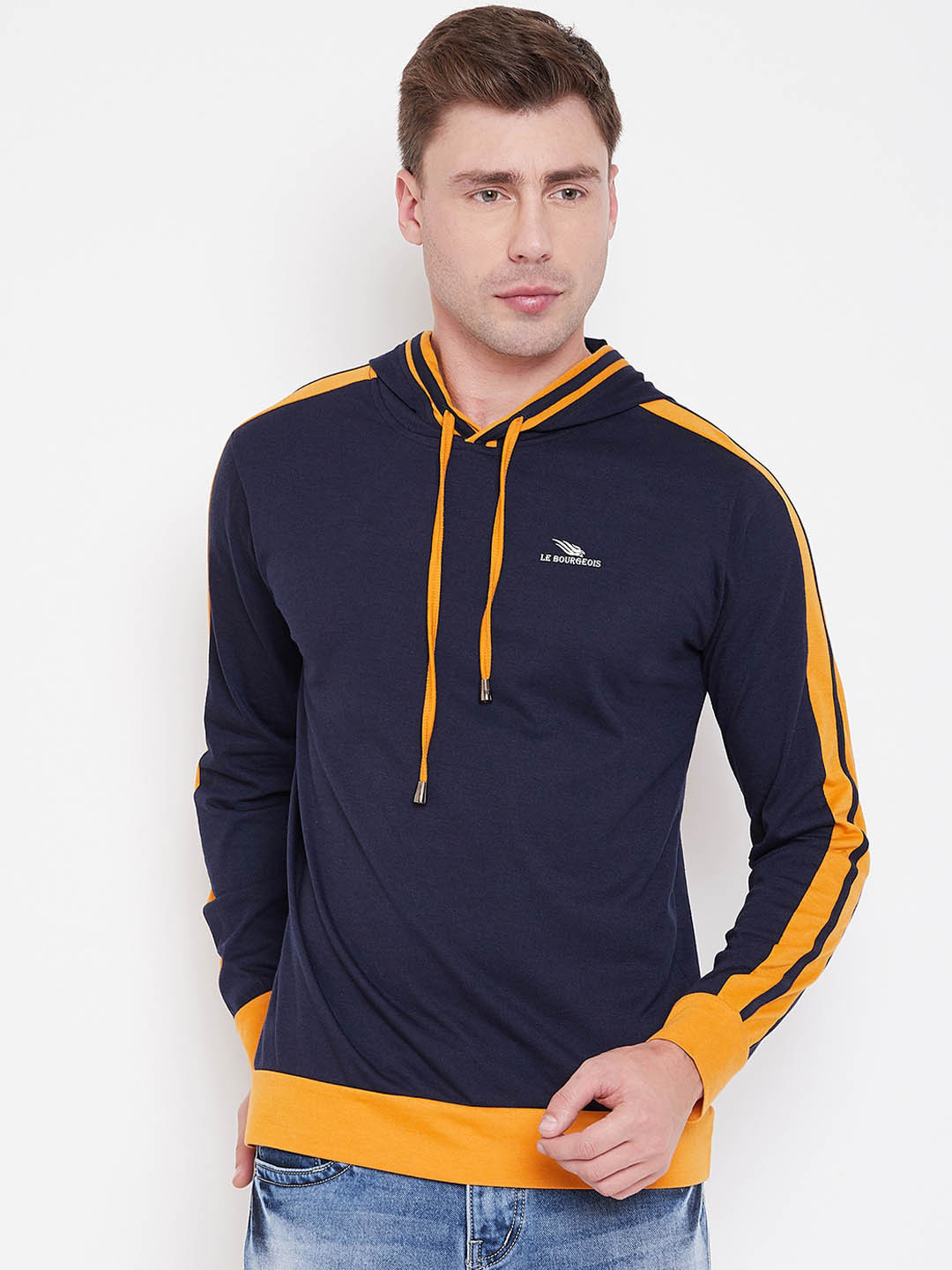 

LE BOURGEOIS Men Navy Blue Solid Hooded T-shirt