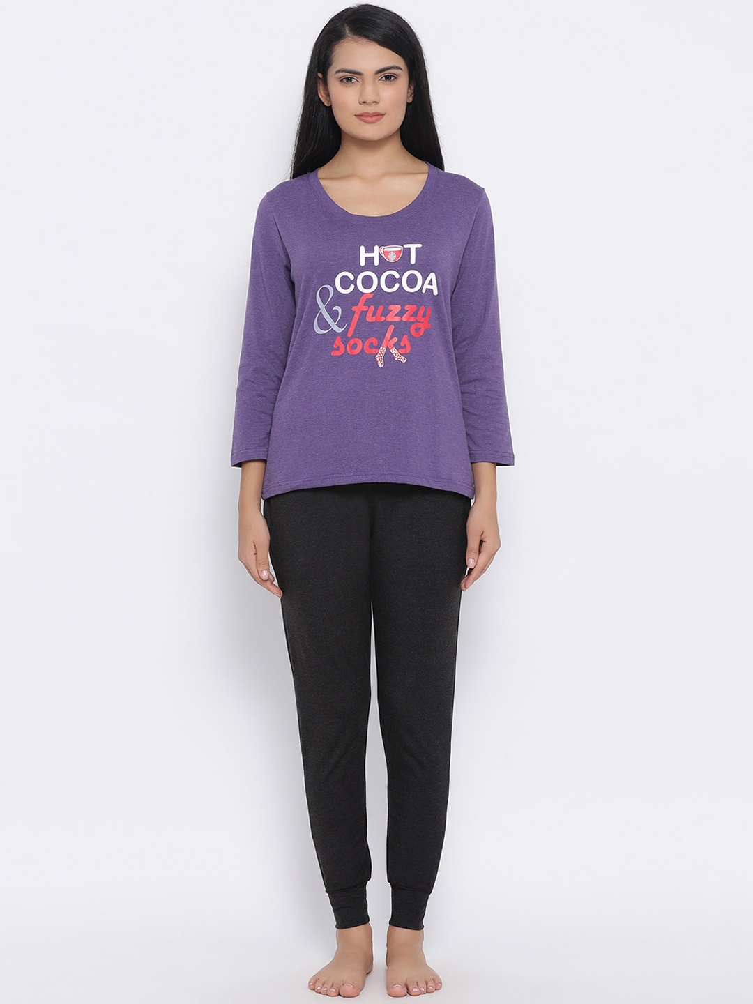 

Clovia Women Purple & Black Printed Night suit LS0492P153