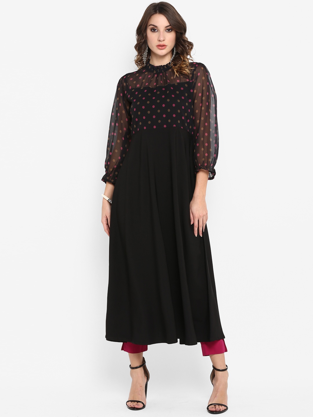 

Janasya Women Black & Pink Printed A-Line Kurta