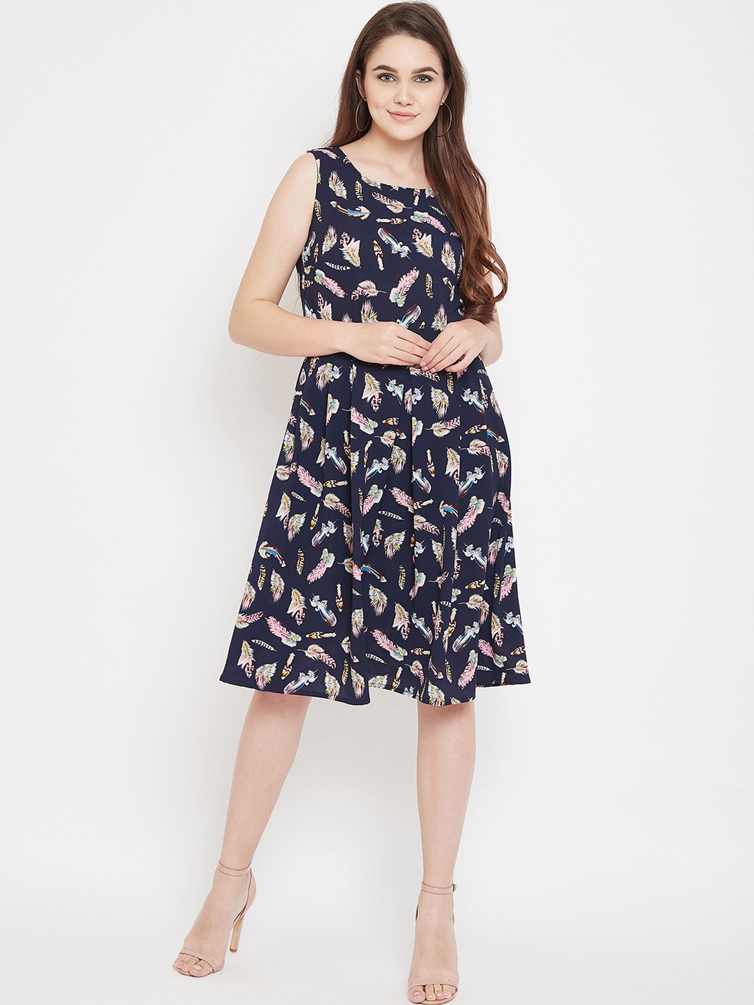 

Ruhaans Women Navy Blue & Pink Printed Fit and Flare Dress