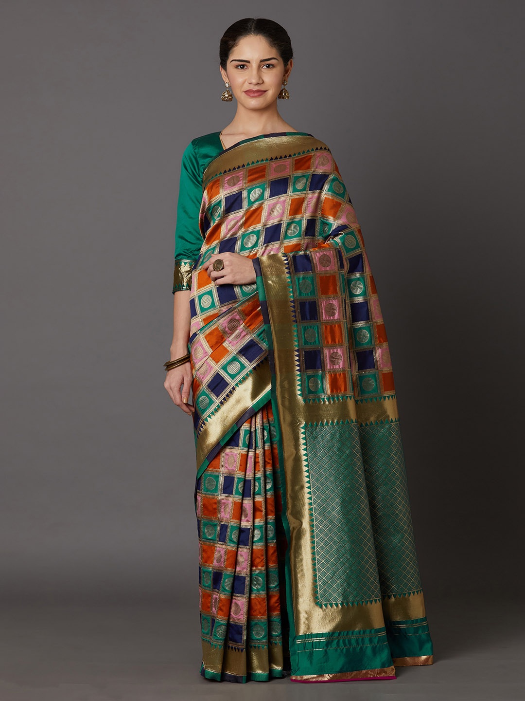 Mitera Green & Gold-Toned Silk Blend Woven Design Kanjeevaram Saree