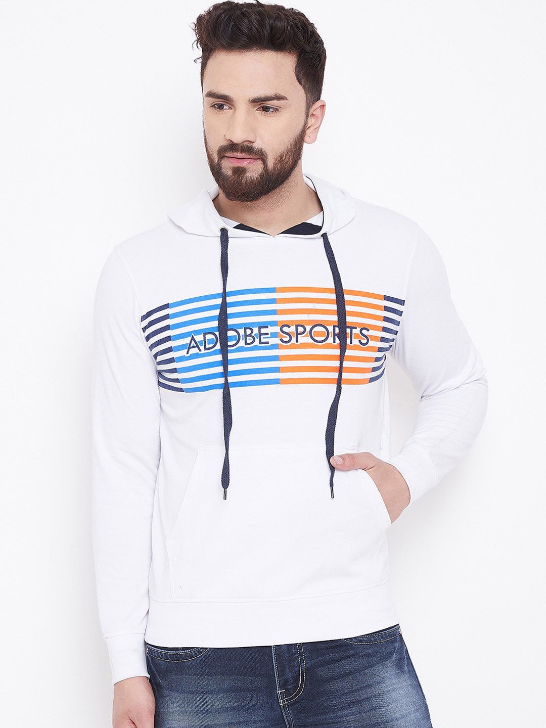 

Adobe Men White Printed Hooded Sweatshirt