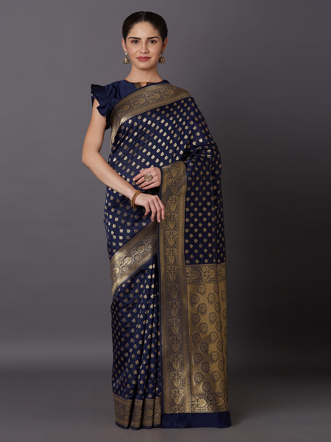 

Mitera Navy Blue Woven Design Kanjeevaram Saree