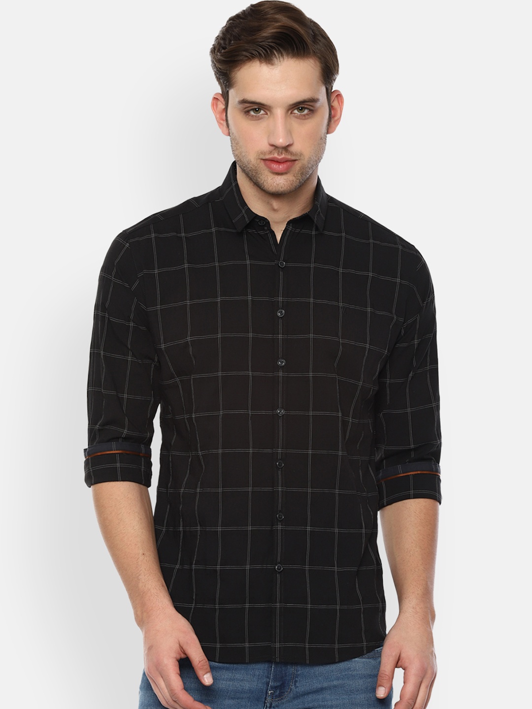 V Dot Men Black Slim Fit Checked Casual Shirt