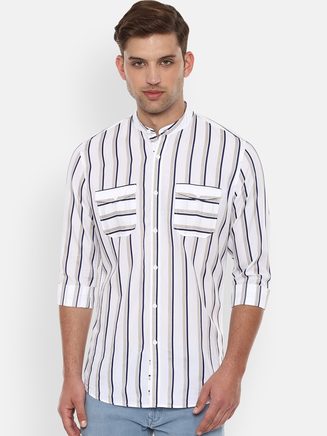 

Van Heusen Sport Men White & Navy Blue Slim Fit Striped Casual Shirt