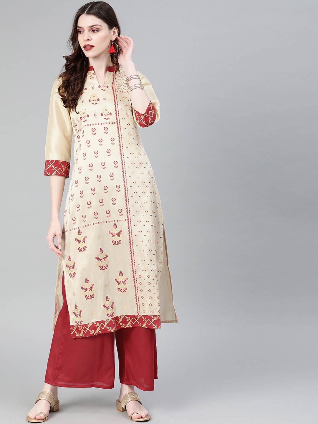

ZIYAA Women Cream-Coloured & Red Printed Straight Kurta