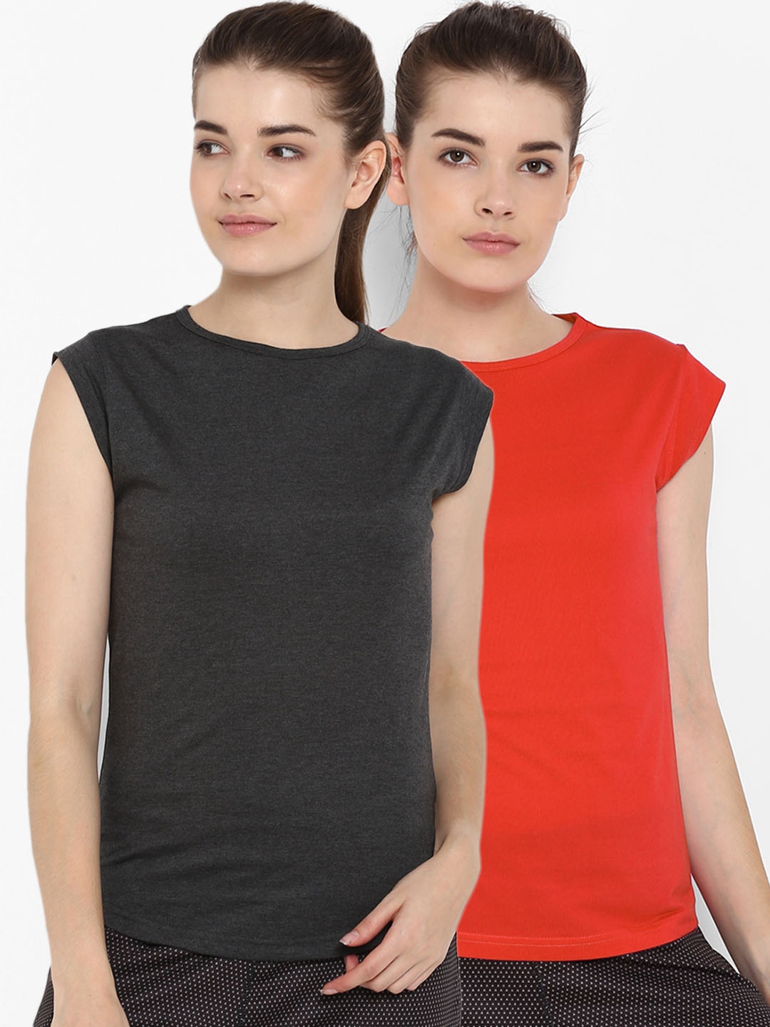 

appulse Women Pack of 2 Charcoal Grey & Red Solid Round Neck T-shirt