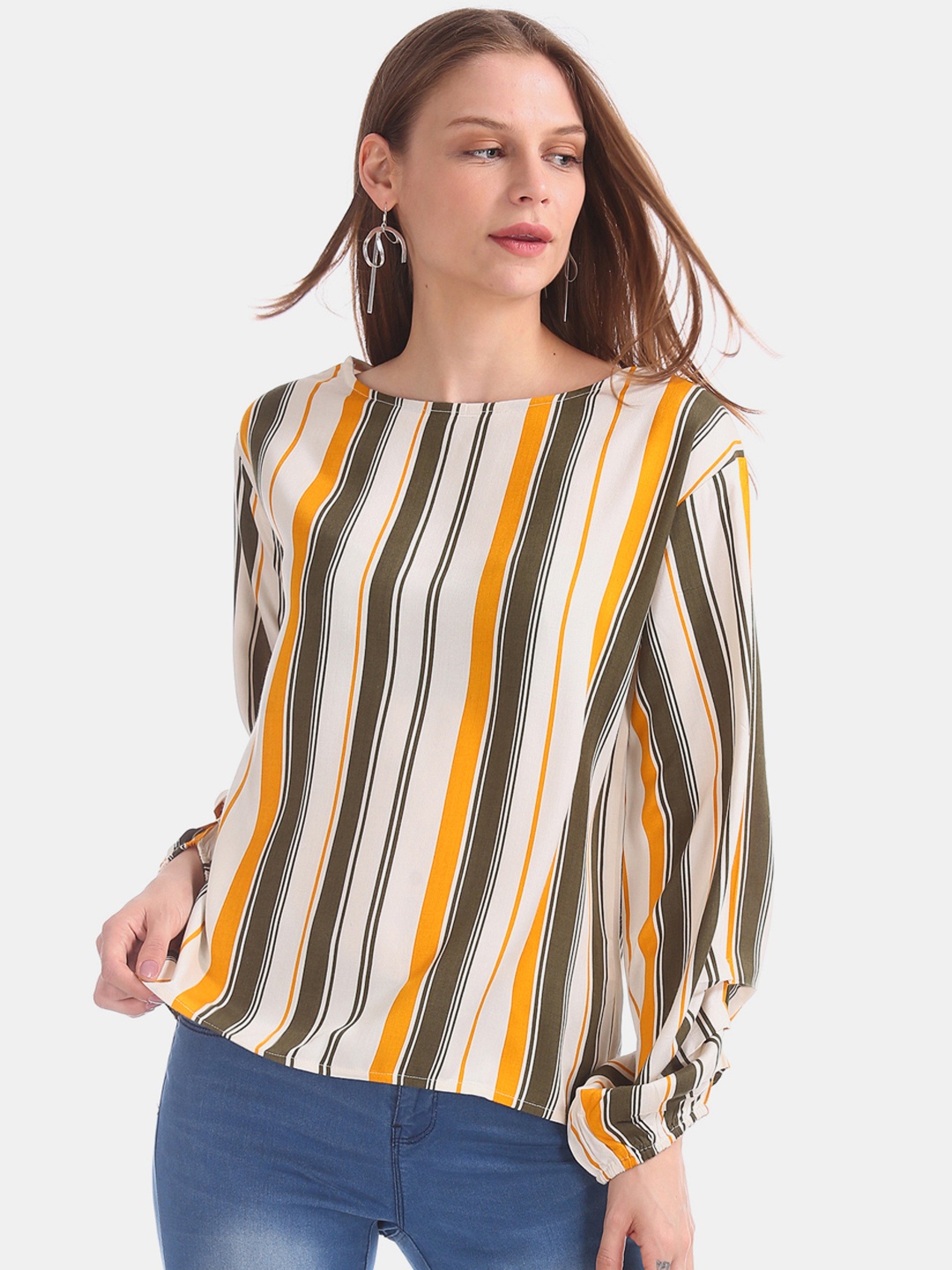 

Cherokee Women White & Mustard Yellow Striped Top