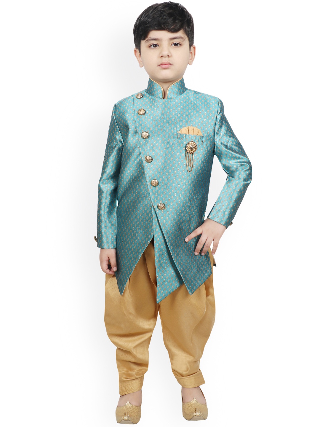 SG YUVRAJ Boys Turquoise Blue & Brown Woven Design Silk Sherwani Set
