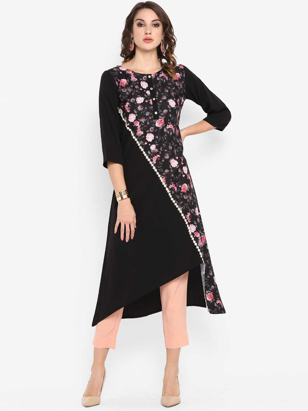 

Janasya Women Black & Pink Printed A-Line Asymmetric Kurta