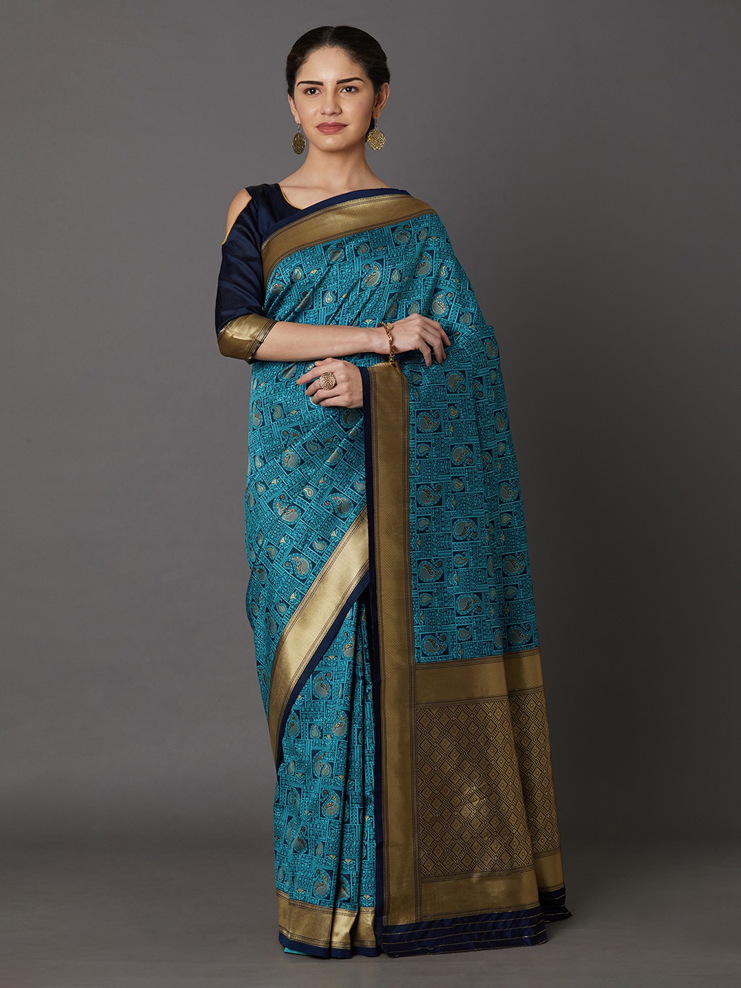 

Mitera Blue & Gold-Toned Silk Blend Woven Design Kanjeevaram Saree