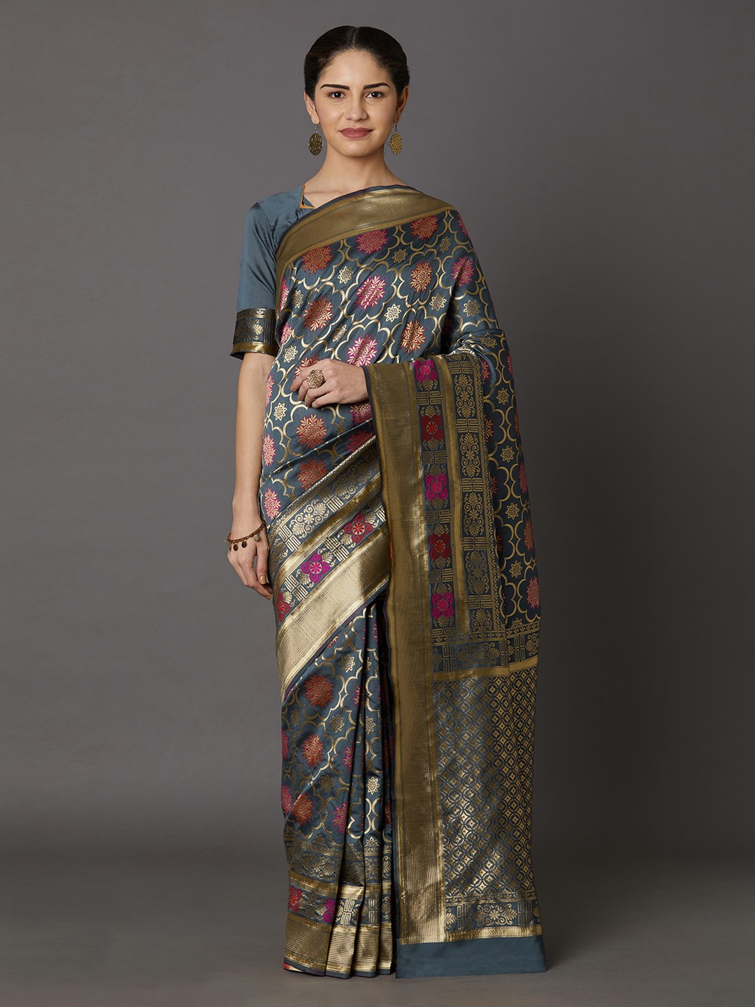 

Mitera Grey Silk Blend Woven Design Kanjeevaram Saree
