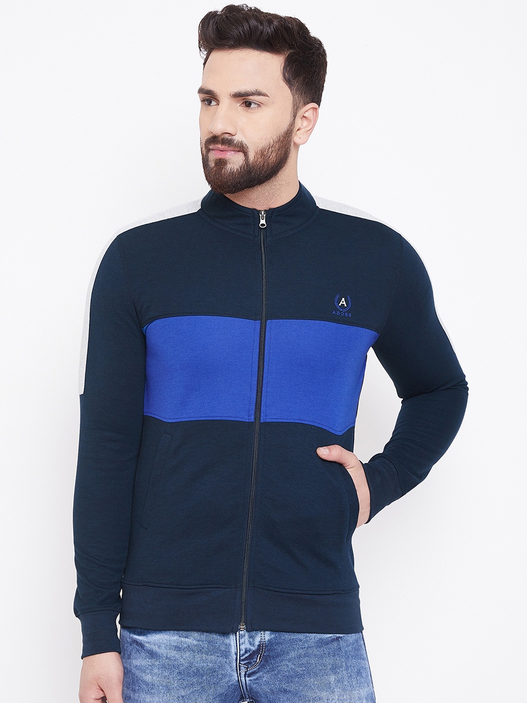 

Adobe Men Navy Blue Colourblocked Sweatshirt