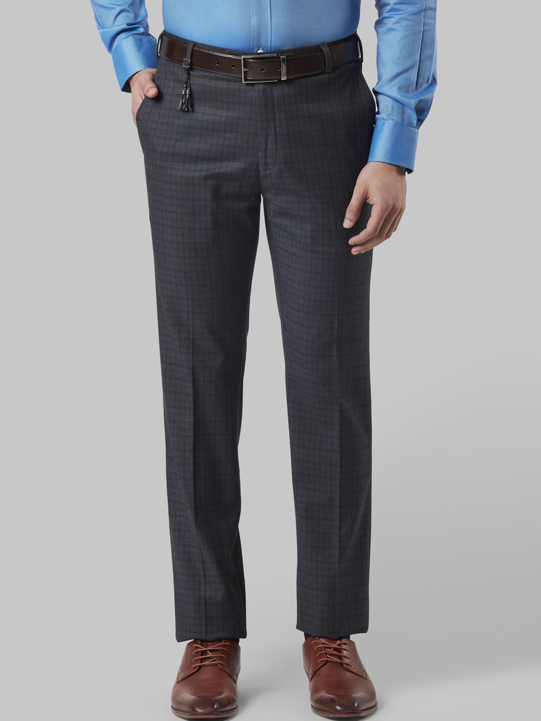 

Raymond Men Navy Blue & Olive Green Slim Fit Checked Formal Trousers