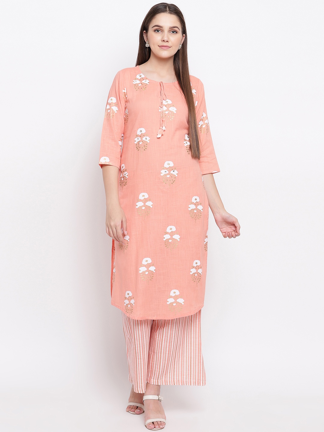 

Kvsfab Women Peach-Coloured & White Printed Kurta with Palazzos