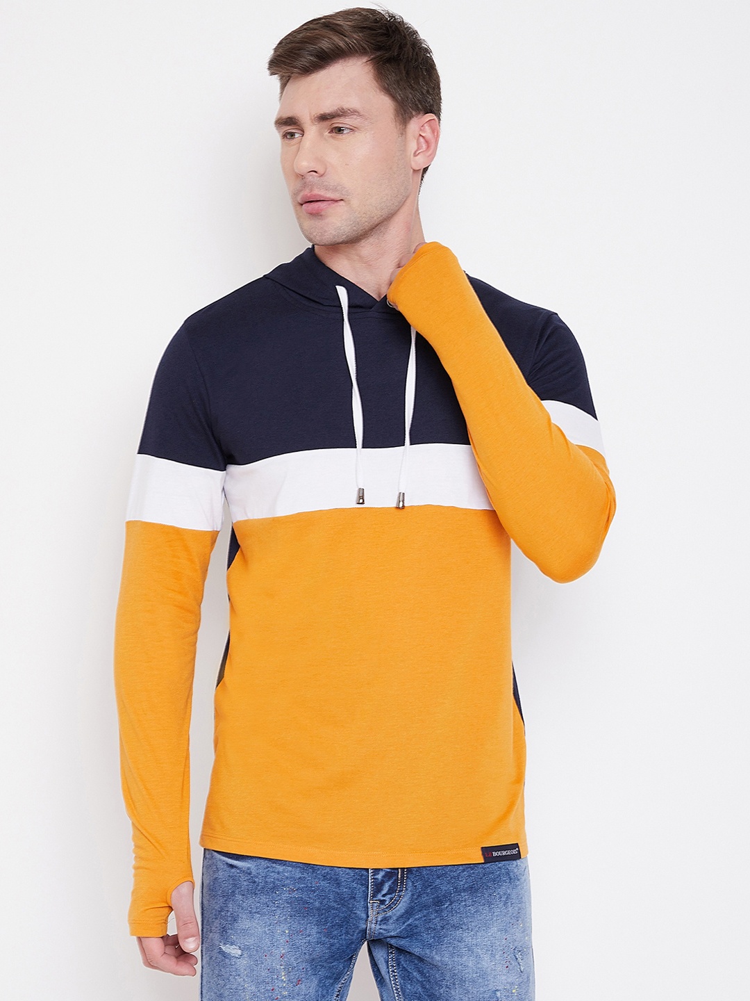 LE BOURGEOIS Men Navy Blue & Yellow Colourblocked Hood T-shirt