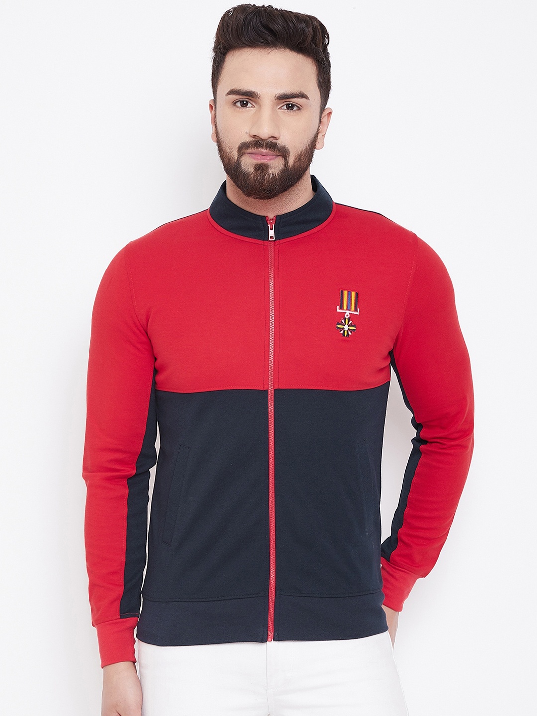 Adobe Men Navy Blue & Red Colourblocked Sweatshirt