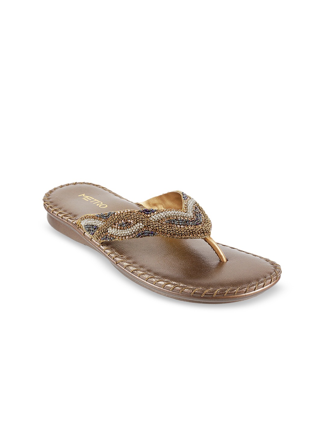 

Metro Women Gold-Toned & Silver-Toned Embellished Leather Open Toe Flats