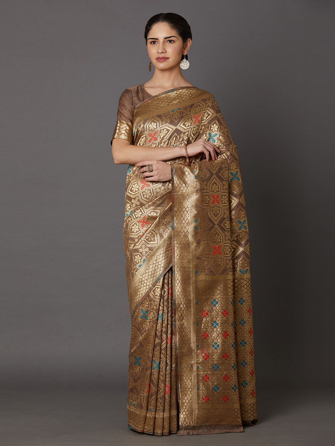 Mitera Gold-Toned Silk Blend Woven Design Kanjeevaram Saree