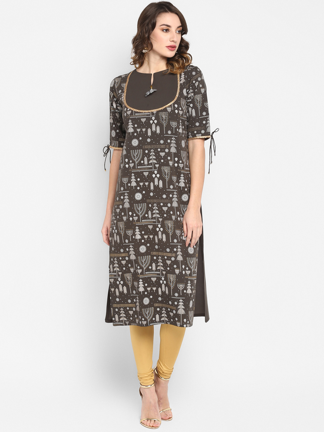 

Janasya Women Taupe & White Printed Straight Kurta