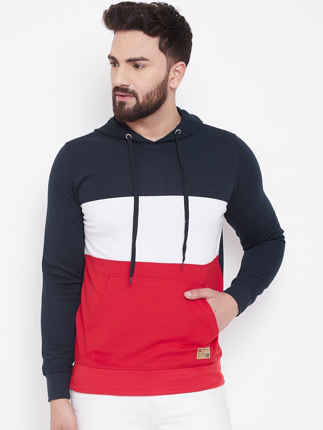 

Adobe Men Navy Blue & Off-White Colourblocked Hooded Sweatshirt