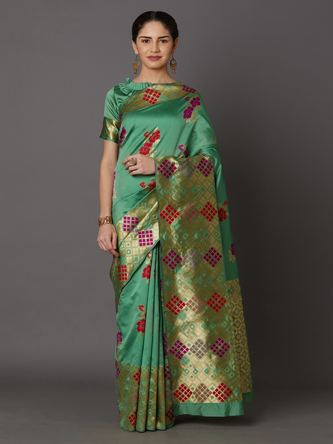 Mitera Green Silk Blend Woven Design Kanjeevaram Saree