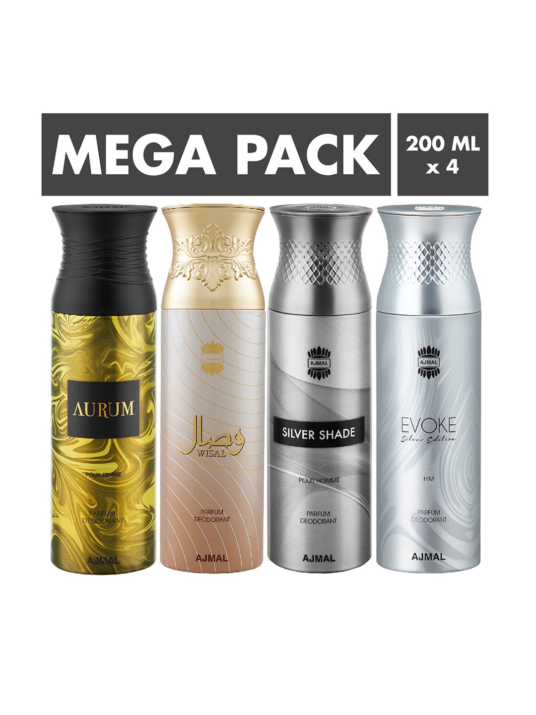 

Ajmal Unisex Pack of 4 Aurum Wisal Silver Shade & Evoke Silver Edition Deodorants 200ML each, Yellow