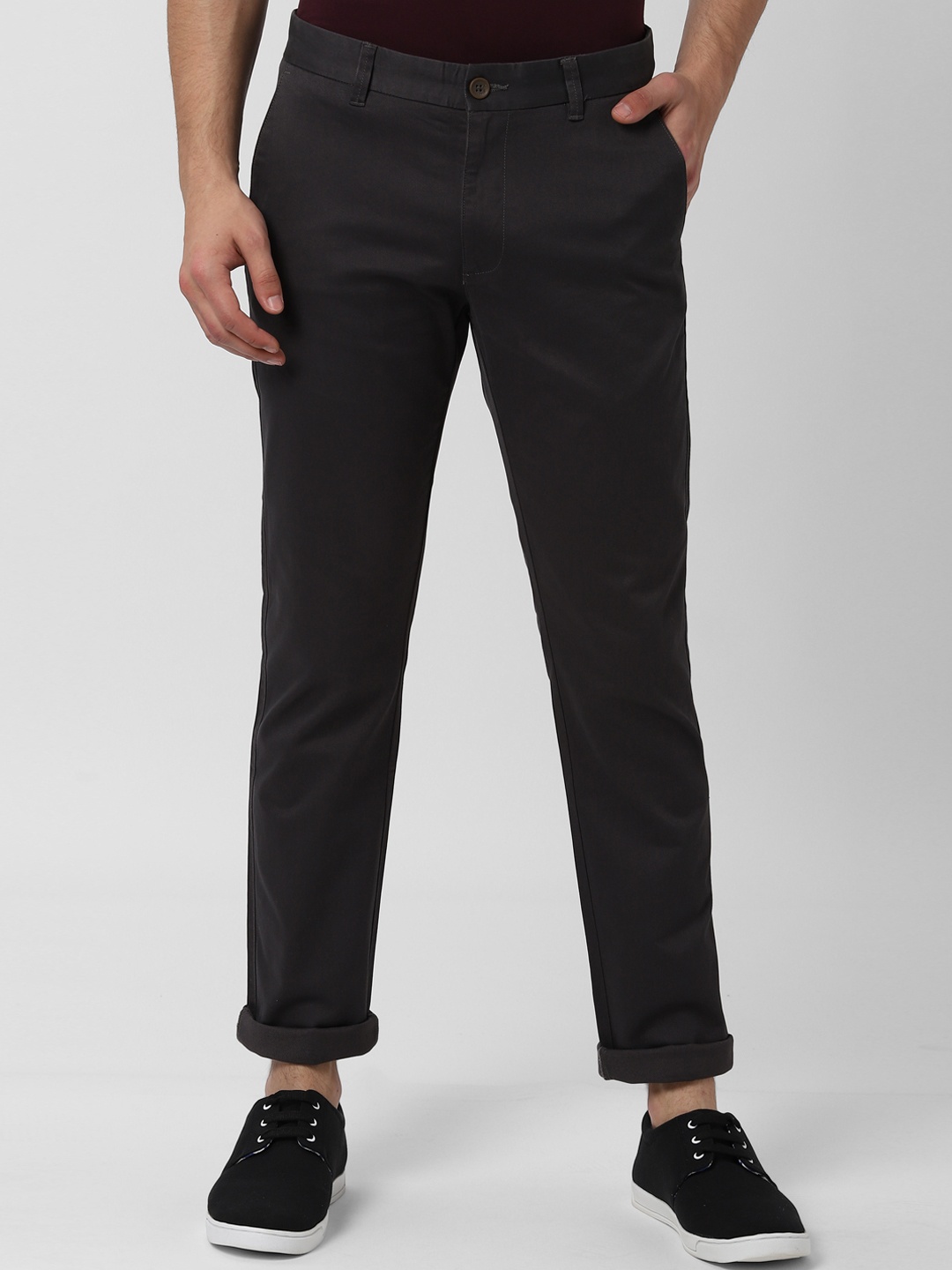 

Peter England Casuals Men Charcoal Grey Slim Fit Self Design Regular Trousers