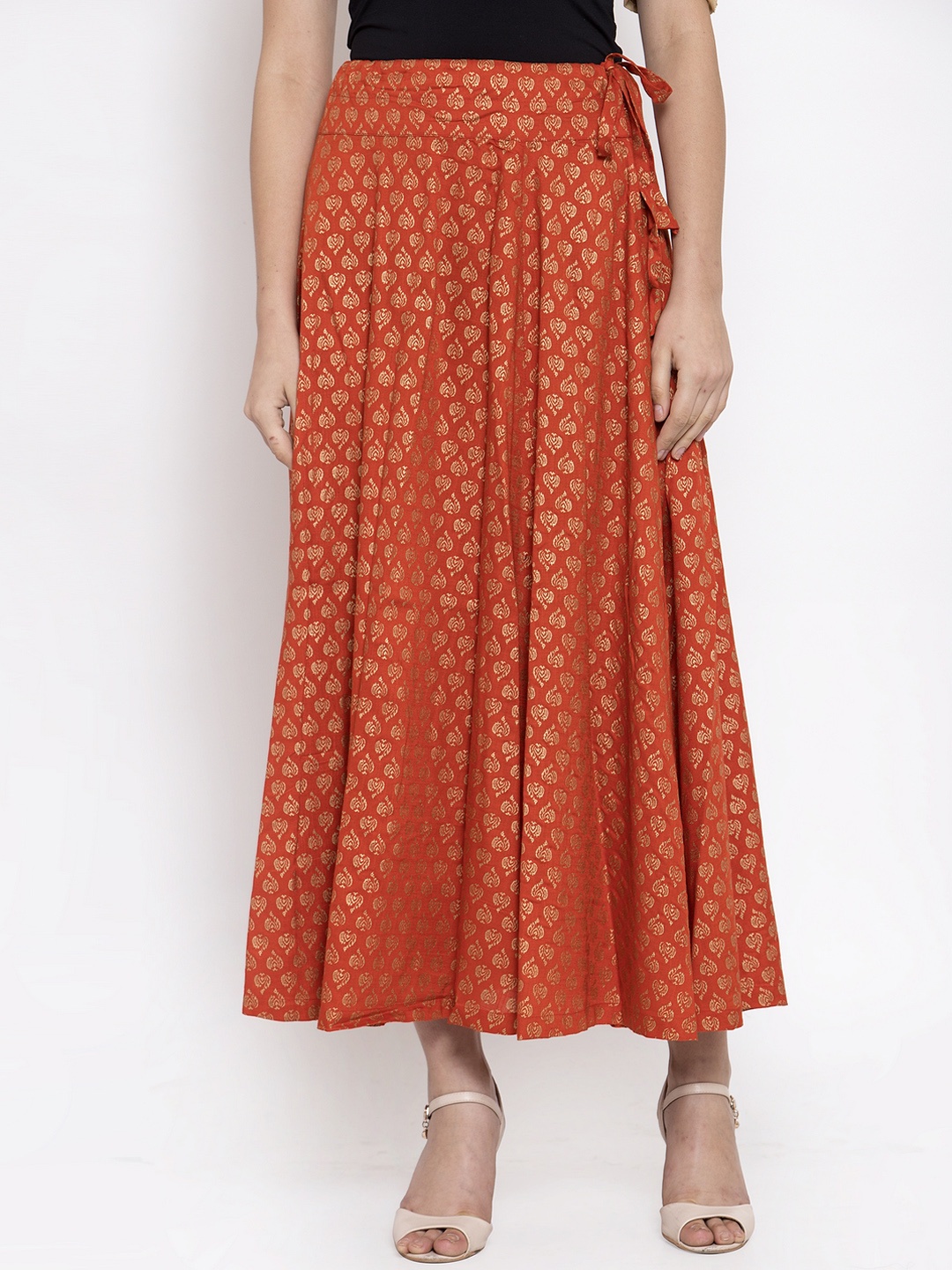 

Ayaany Women Orange & Gold-Toned Printed Flared Maxi Skirt